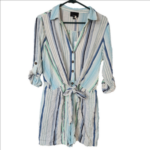 Lumiere Romper Women Large M Blue Striped Shorts Elastic Waist Button Up NWT